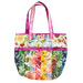 Tote bag made of strips of bright colorful floral printed fabrics.