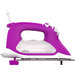 A purple and white steam iron with a sleek design, featuring a handle, steam button, and a retractable cord.