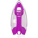 A purple steam iron with a smooth soleplate, featuring controls on the handle and a water tank for steam generation.