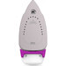 Image of a steam iron with a silver ceramic soleplate and a purple base, featuring vents for steam distribution. The brand name Oliso is visible on the side.