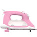 A pink and white Oliso smart iron displayed from a side view, showing its handle, steam vents, and iron plate.