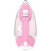 A pink steam iron with a sleek, modern design, featuring control buttons on the handle and a pointed soleplate for precision.