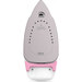 A steam iron with a diamond ceramic soleplate, featuring a rounded tip and multiple steam holes. The iron has a sleek gray surface with a pink base.