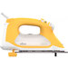 A yellow and white Oliso smart iron, designed with a handle and a flat base for ironing fabric.