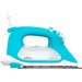 An aqua and white smart iron with a sleek design, featuring a handle, steam vents, and a pointed soleplate.