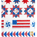 Quilt with rows of designs including stars, flags, houses, flowers, and various geometric shapes all made of red, white, and blue fabric,