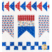 Row of triangles, banners, and checkerboard design made of red white and blue fabric on white quilt.
