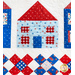 Row of houses made of red white and blue fabric on white quilt.