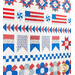 Quilt with rows of designs including stars, flags, houses, flowers, and various geometric shapes all made of red, white, and blue fabric,