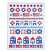 Quilt with rows of designs including stars, flags, houses, flowers, and various geometric shapes all made of red, white, and blue fabric,