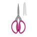 Pink-handled scissors with stainless steel blades and a protective cover, isolated on a white background.