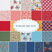 A grid of patterned fabric swatches featuring a variety of designs including floral prints, geometric patterns, and polka dots in colors like red, blue, green, and yellow. At the center is a label that reads FORGET-ME-NOT.