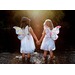 Two girls in butterfly wings standing in shallow water, holding hands.