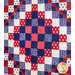 A quilt featuring a pattern of red, white, and blue squares with stars and floral designs.