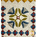 Appliquéd quilt design featuring blue flowers, green leaves, and a central button on a cream background.