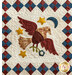Colorful quilt featuring a bird in flight surrounded by stars and a crescent moon, with a checkered border.