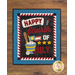 A decorative sign features the text Happy Fourth of July in bold, colorful letters. It includes illustrations of a baseball bat, ice cream, and five stars. The background is black with a blue border and red and white triangle patterns.