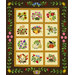 A quilt design featuring twelve floral and animal motifs arranged in a grid with a dark brown border.