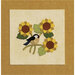 A decorative embroidery featuring a small bird perched on a branch with three sunflowers.