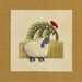 A textured illustration of a white sheep beside a fence, under a leafy arch with a red bird perched above.