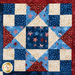 Stars and stripes quilt made of geometric blocks featuring red, blue, and cream, patriotic fabric prints.