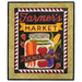 A decorative sign featuring the words Farmer's Market in bold, colorful lettering at the top, with illustrations of fresh vegetables, including carrots, tomatoes, and corn. The phrase Locally Grown is prominently displayed on a banner at the bottom. The background has a textured pattern with a quilt-like border.