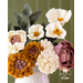 Flowers made of fabric being displayed in a white vase on small wood table.