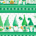 A border stripe fabric with rows of green stripes against a white background with gnomes having fun