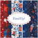 A patterned textile design featuring red, white, and blue stripes with various themes, including stars, fireworks, and the text USA. The central phrase reads Fired Up! in bold blue letters within an ornate white frame.