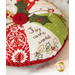 Red, green, and white, pincushion made of Christmas themed fabrics, accented with red button and holly leaf appliqué