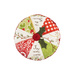 Red, green, and white, pincushion made of Christmas themed fabrics, accented with red button and holly leaf appliqué