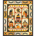 A quilt displaying a Halloween theme, featuring houses, pumpkins, bats, and a witch. The design is bordered by a pattern of stars and bats, using colors like orange, black, and cream. The central area contains six distinct sections with various Halloween elements.