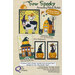 A promotional image for the Sew Spooky accessory fabric packet by The Quilt Company. It features illustrations of a cow wearing a witch's hat, a haunted house, a witch with a broomstick, and Halloween-themed decorations like pumpkins and a black cat. The text emphasizes that the packet includes nine pre-printed fabric designs for quilting.