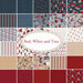 A grid of 30 squares featuring various fabric patterns in red, white, and blue, including floral designs, stripes, and checks, with the title Red, White and True in a decorative border at the center.