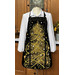 An elegant black apron with a swirling gold metallic Christmas tree design, displayed on a mannequin.