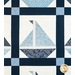 Quilt block of geometric sail boat made of white and blue floral fabrics.