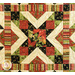A colorful quilt featuring a star pattern with floral and striped elements in red, green, and black.