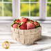 Basket made of woven neutral plaid fabrics filled with strawberries made of fabric.