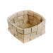 Basket made of woven neutral plaid fabrics, isolated on a white background.