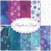 A collage of patterned fabric designs featuring colors like purple, blue, and white, with themes of snowflakes and winter scenes. The central label reads Angels on High.