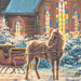 Close-up scan of panel fabric featuring a horse and sleigh with stained glass windows in the background