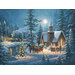 Digitally printed fabric panel with a winter scene showing a church, horse-drawn sleighs, pine trees, and a train