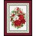 White panel with plaid border with red and white poinsettias with cardinals in the center