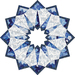 A circular design made up of triangular fabric pieces in various shades of blue, featuring floral patterns and swirls, forming a star-like shape.