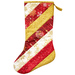 A decorative Christmas stocking featuring diagonal stripes in red, white, and gold, with patterns including snowflakes and floral designs.