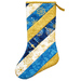 A Christmas stocking with diagonal stripes of blue, gold, and white, featuring snowflakes and glittery elements.