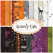 A collection of Halloween-themed fabric swatches in various colors, including orange, black, gray, purple, and white. The fabrics feature patterns such as spiderwebs, black cats, and Halloween-themed text. At the center is a decorative label reading Scaredy Cats.