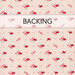 Pale pink fabric with small red and pink flowers clusters all over and a pink banner with the word 