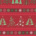 red background with green and white trees and snowflakes