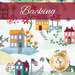 White fabric with whimsical houses, flowers, birds, butterflies, and fences all over